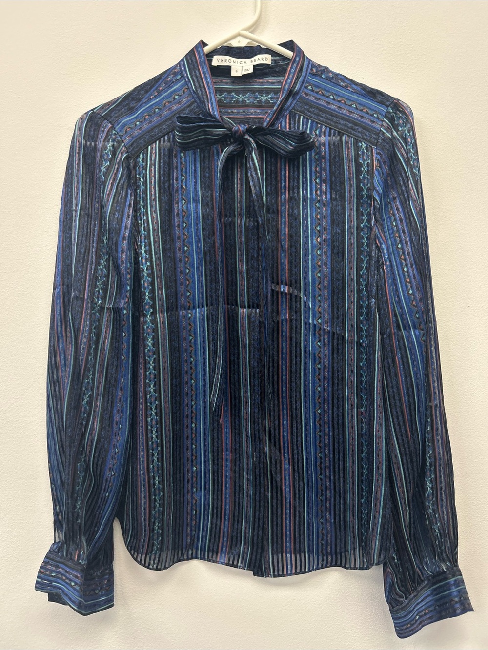 Veronica Beard Navy and Blue Striped Tie-Neck Shirt NWOT - Picture 2 of 5